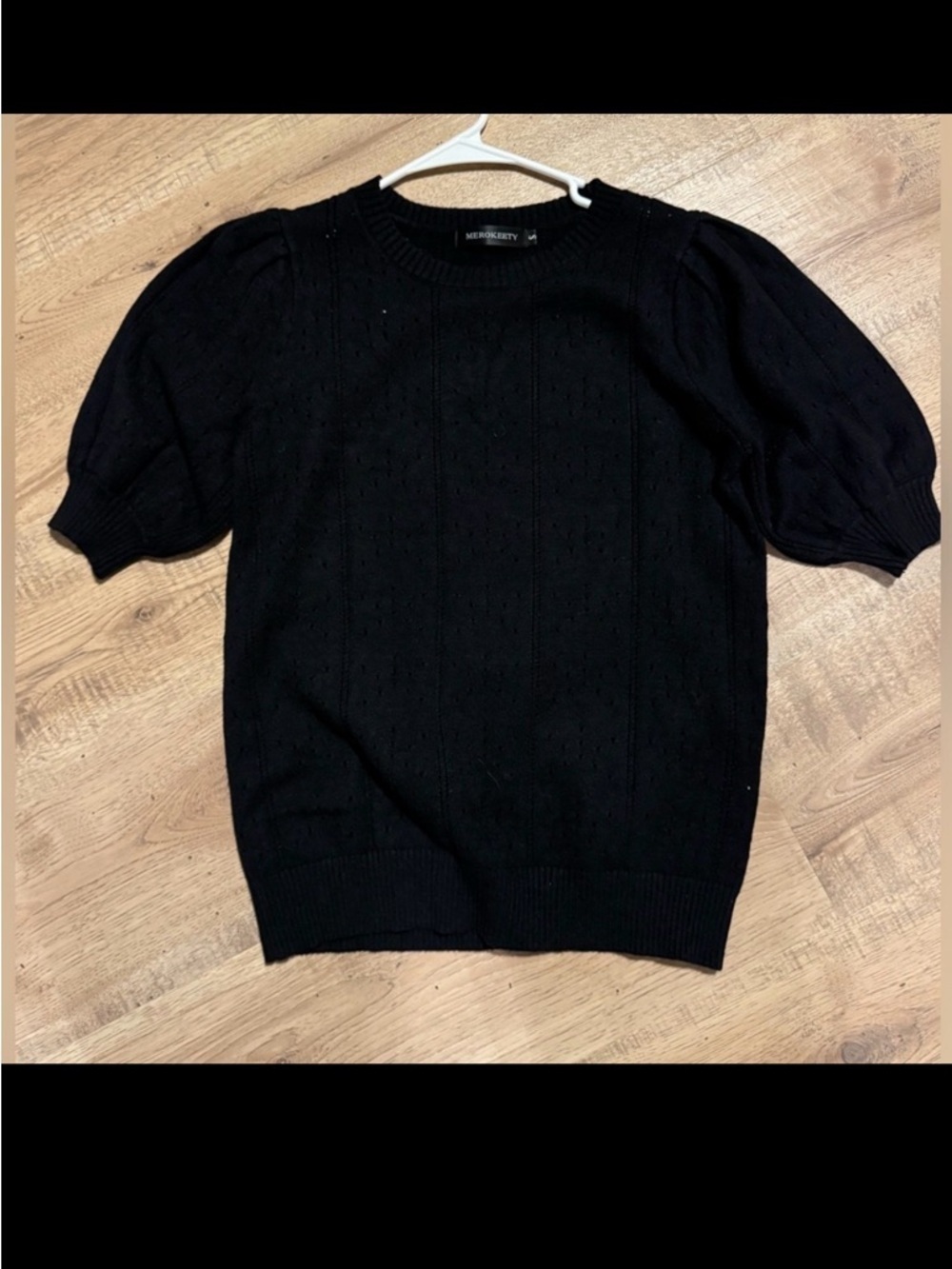 Merokeety Black Puff Sleeve Pointelle Knit Sweater Top Small - Picture 3 of 8